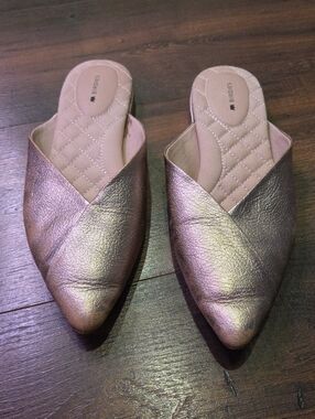 Gold Pointy Toe Birdies Leather Mules Sz 9